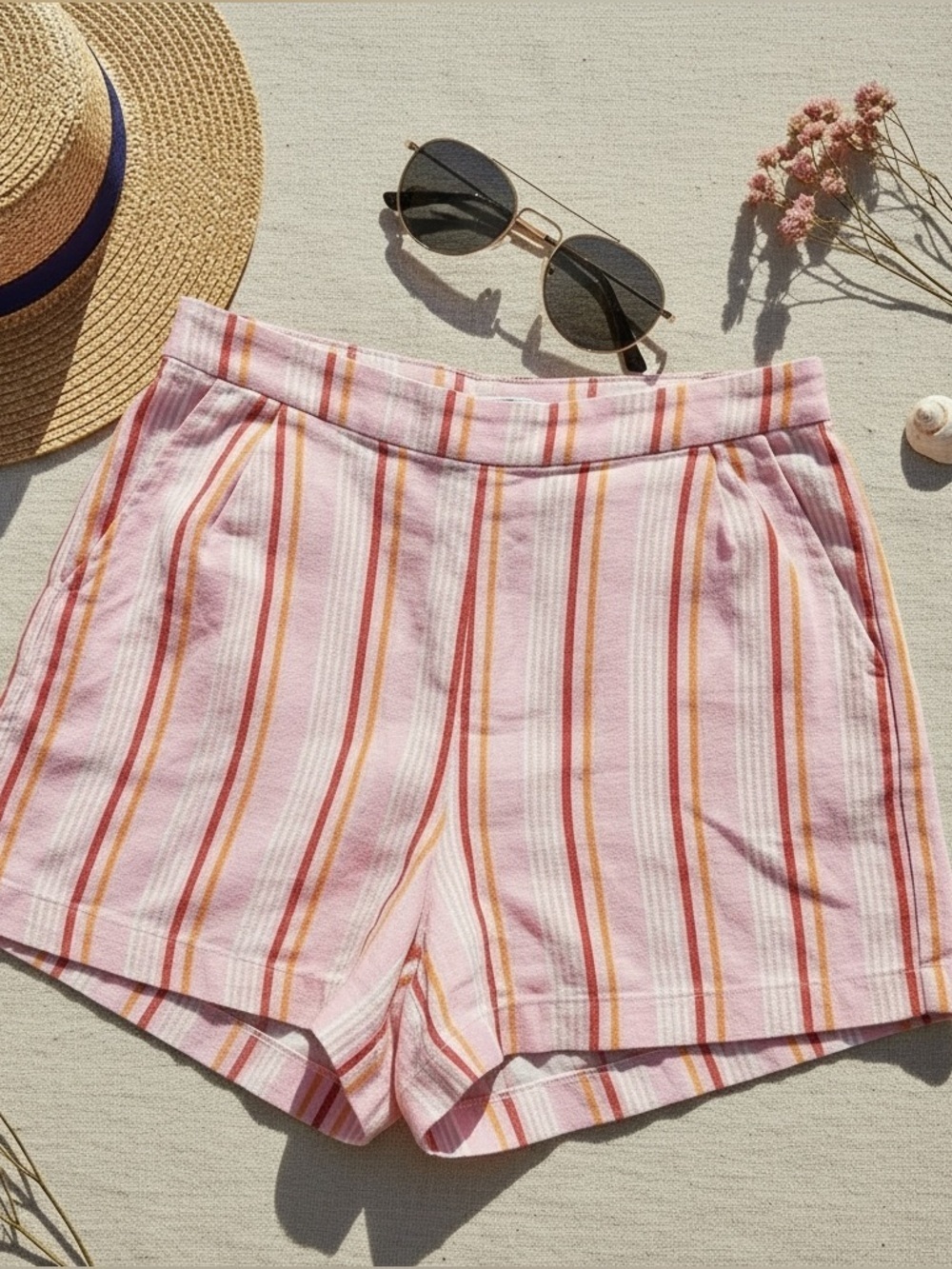 Lush Linen Striped High Waist Shorts Size Small